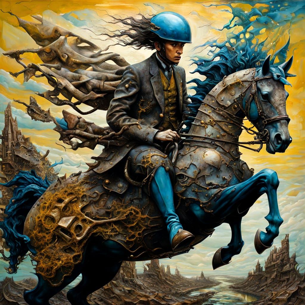 Biomechanical Rider in Fragmented Surrealism