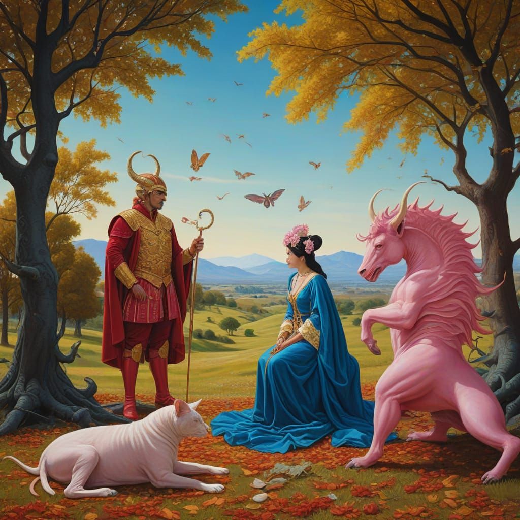 Mythical Chimaera with Matador, Harlequin, and Geisha in Ser...