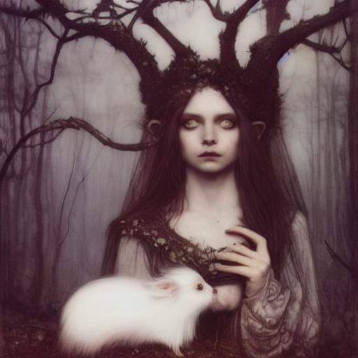 Sinister Forest Witch with Guinea Pigs: Fairytale Art