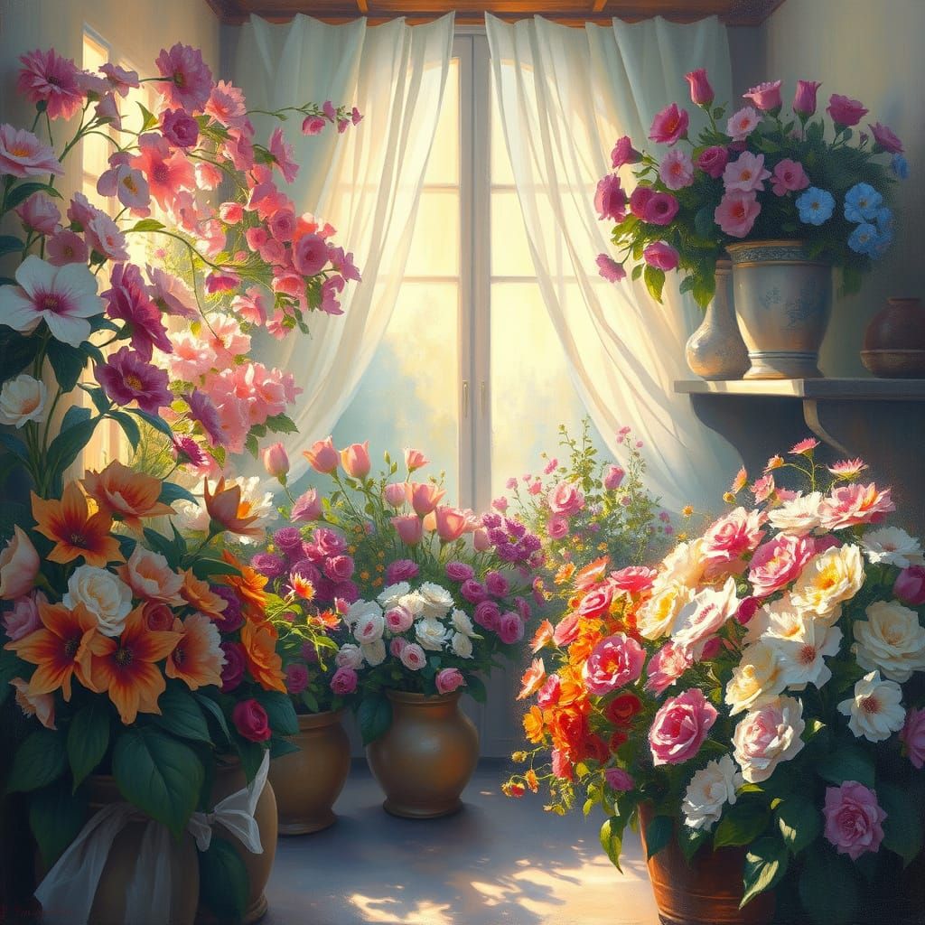 Vibrant Blossoms in Heavenly Light: Neo-Impressionist Oil Pa...