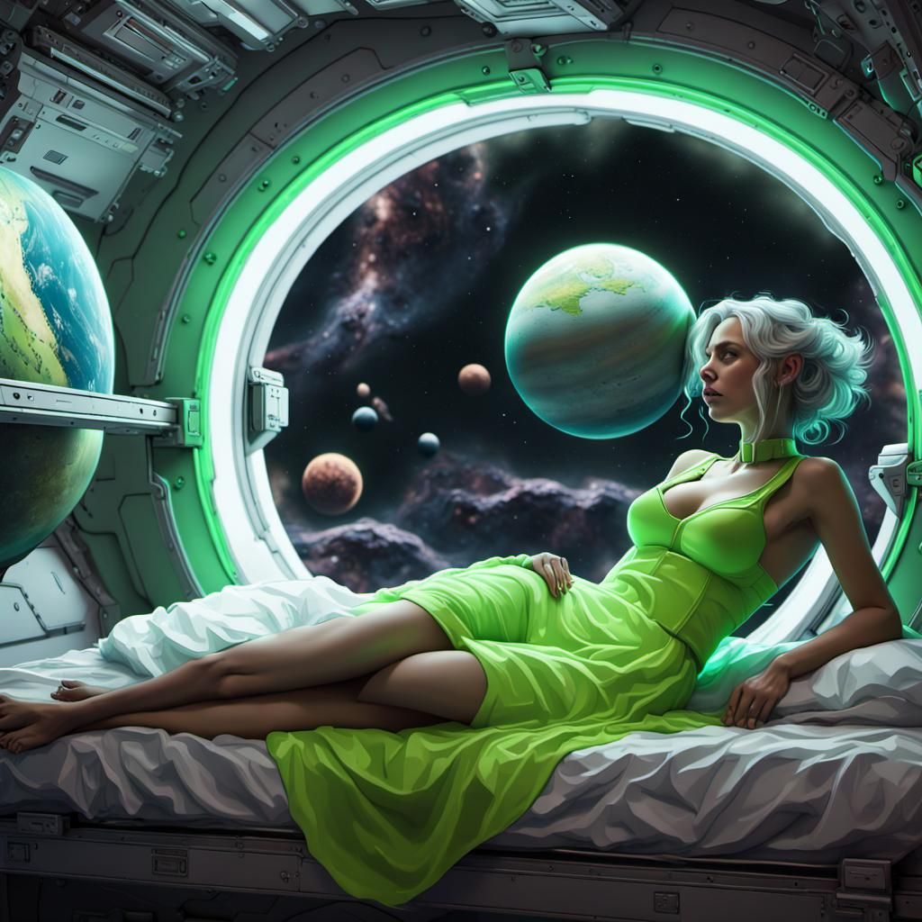 Gothic Women in Space Station with Neon Planets