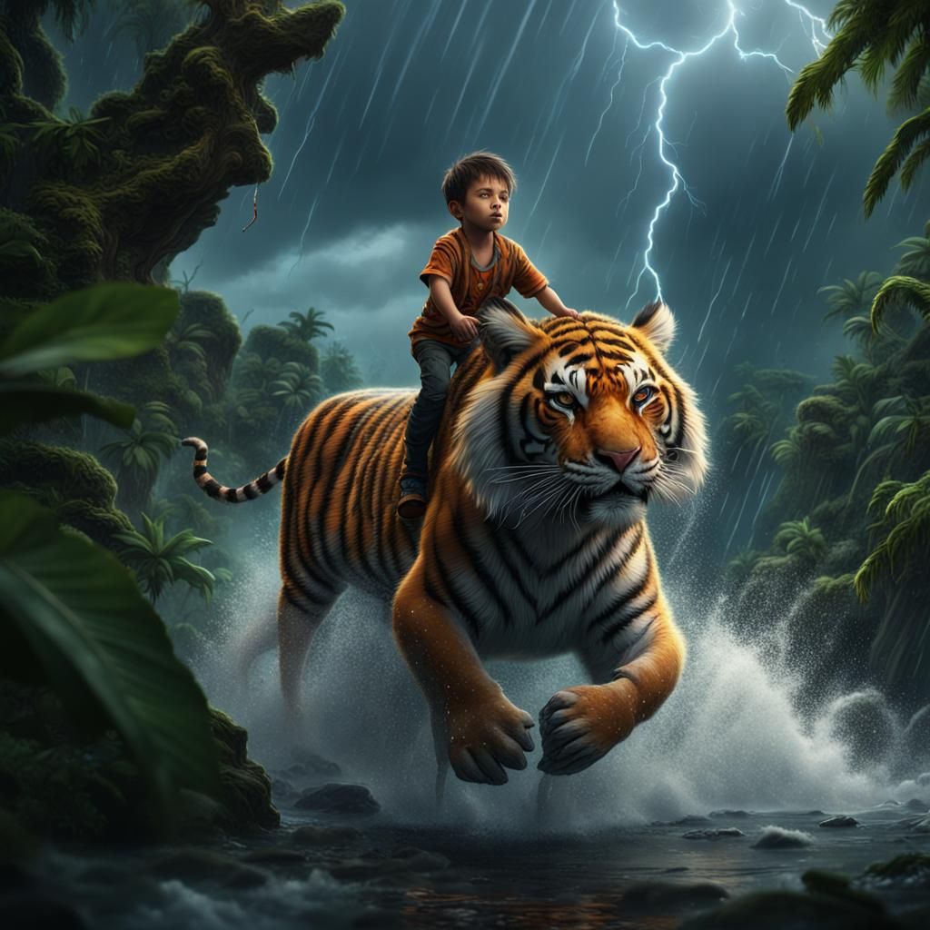 Boy Rides Tiger in Jungle Lightning Storm