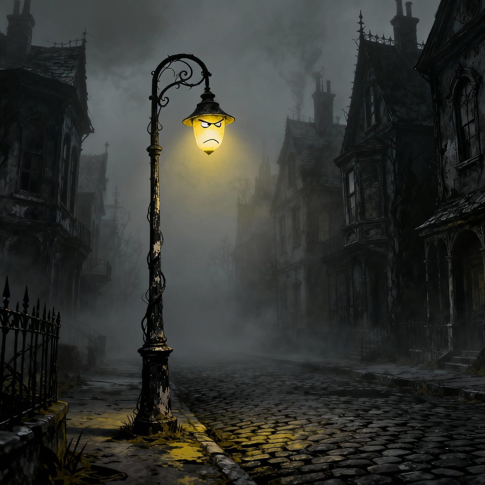 Grumpy Streetlamp in Foggy Victorian Gothic Alley
