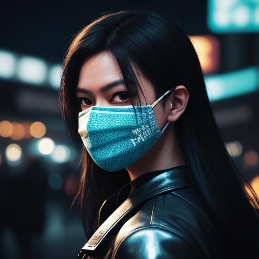 Masked Figure in Crowded City: Hyper-Realistic Digital Art
