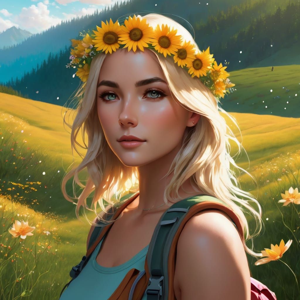 Blonde Backpacker in Mountain Field on Spring Day
