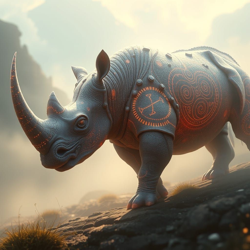 Ethereal Rhino-Eel Hybrid in Dreamlike Landscape