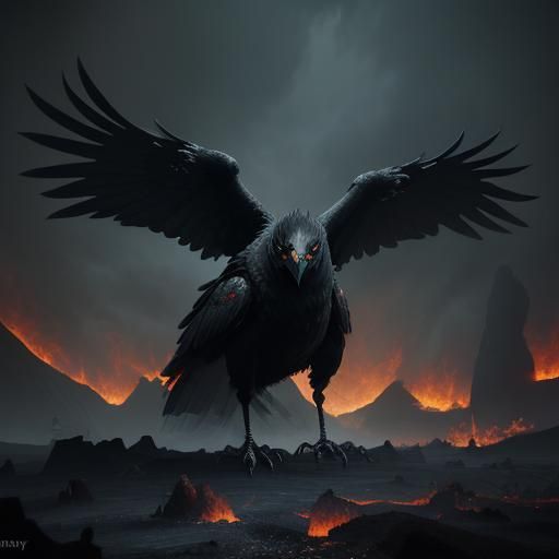 Monstrous Coal Crow in Smoky Wasteland