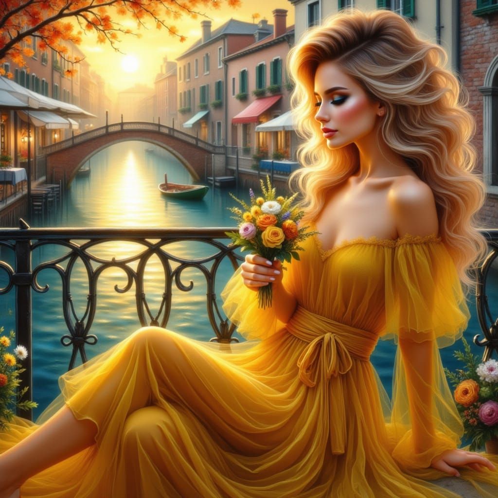 Venice Sunset: Woman in Yellow, Oil Painting Style