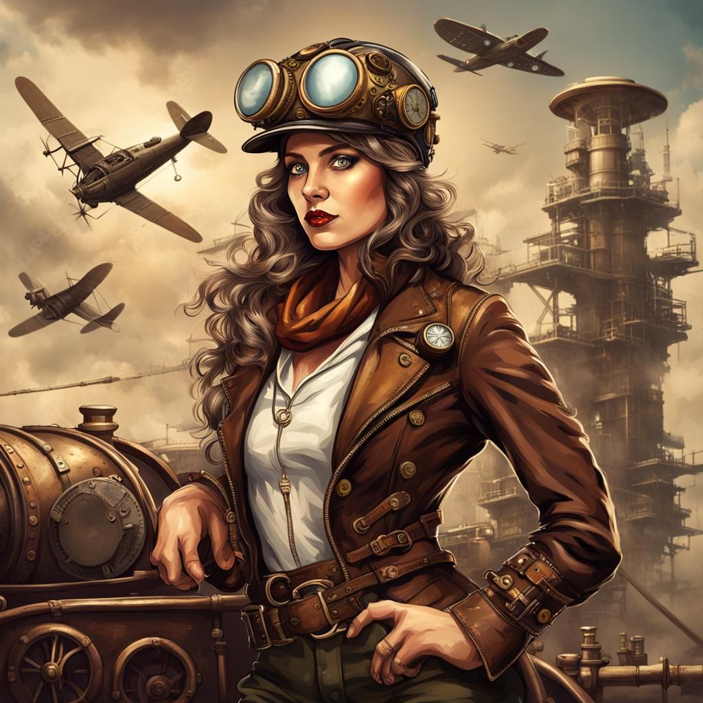 Steampunk Pilot with Aviator Hat and Engine