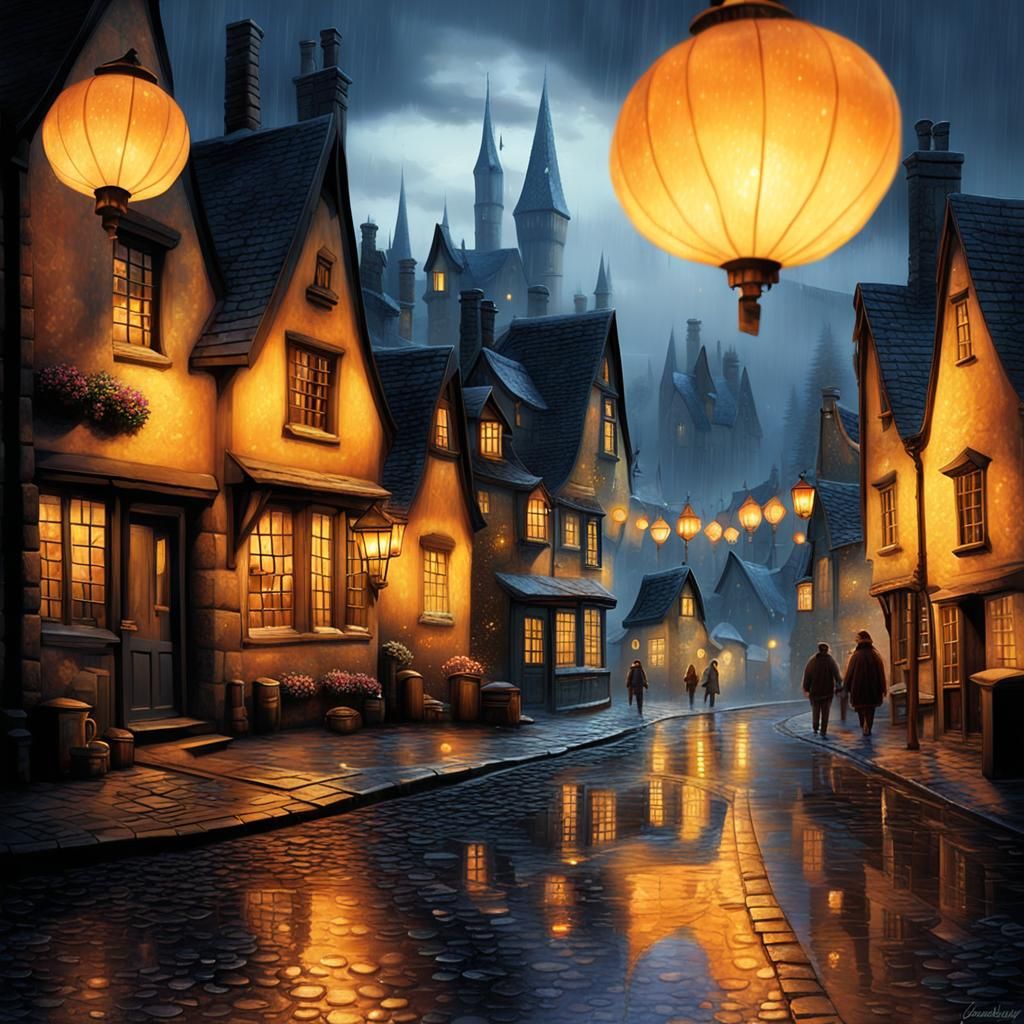 Mystical Hogsmeade at Dusk in Cinematic Style