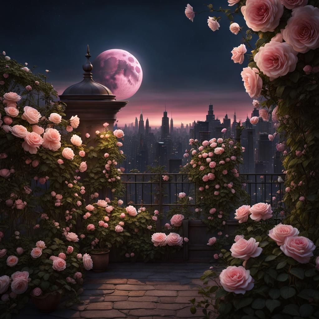 Rooftop Rose Garden at Night with Two Moons