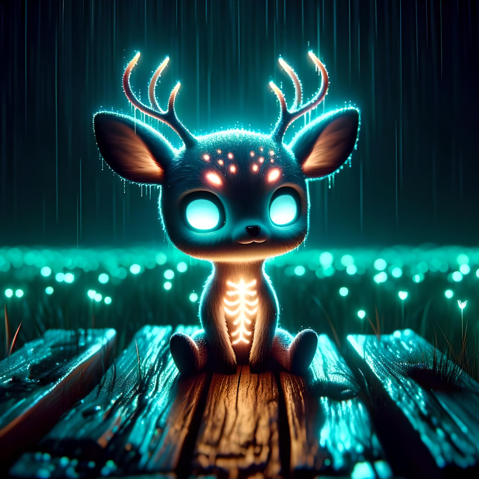 Eerie Yet Endearing Chibi-Deer in Bioluminescent Meadow
