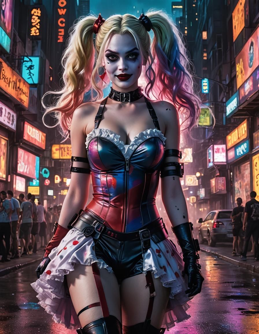 Harley Quinn in Night City, Cyberpunk Crayon Art