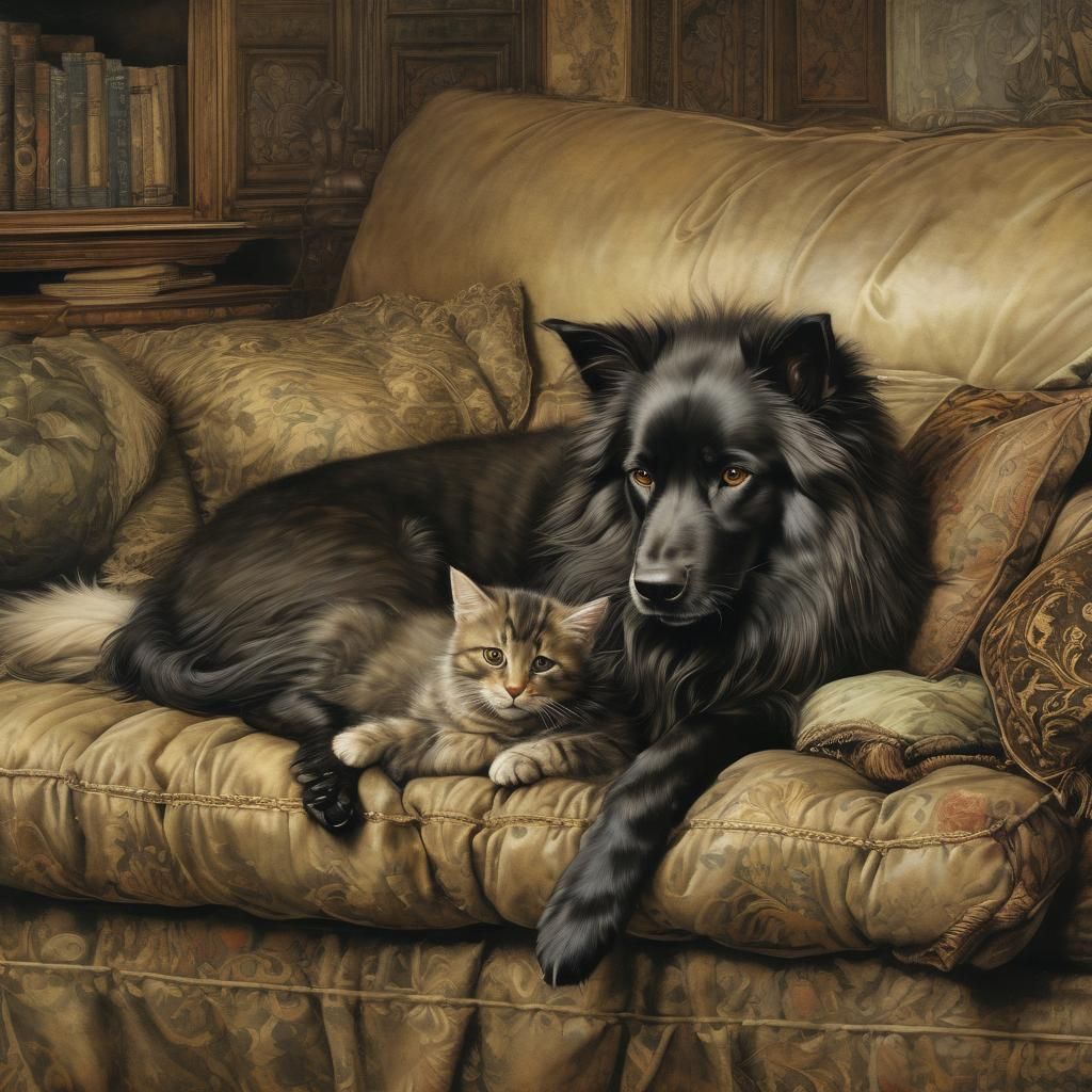 Dog and Kitten Cuddle, Illustrated Style