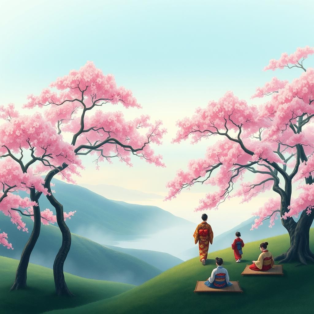 Japanese Cherry Blossoms in Ukiyo-e Style