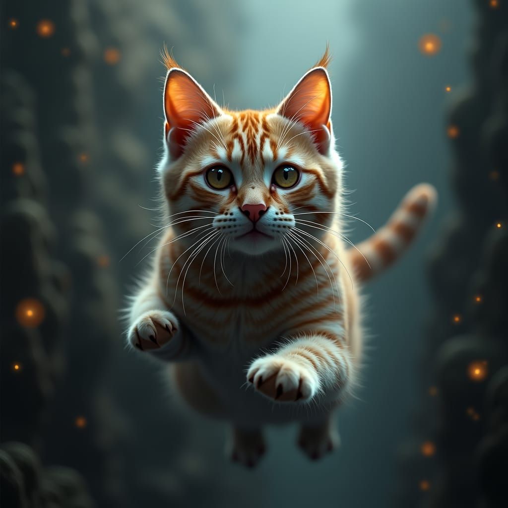 Hyperrealistic Cat Soaring Through Atmospheric Depths