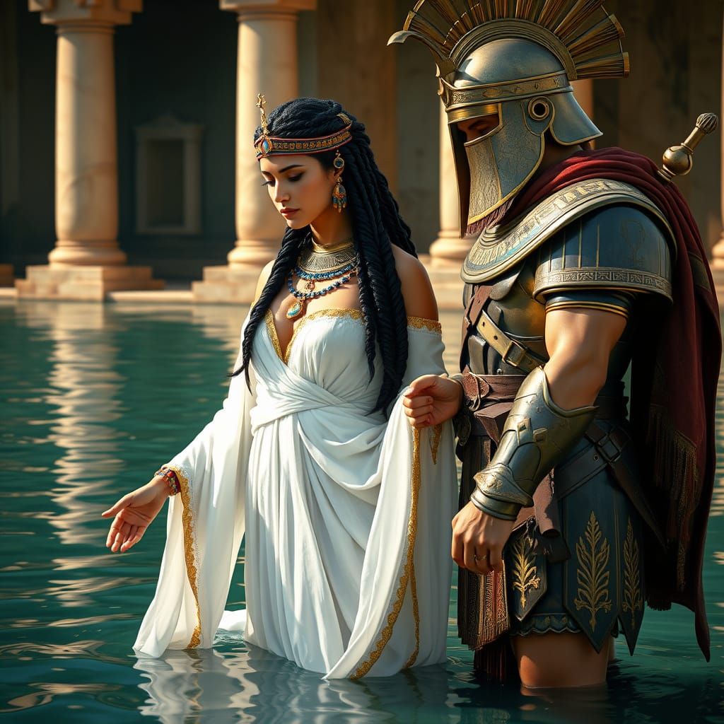 Egyptian Queen in the Nile Reaches for Roman Soldier's Hand
