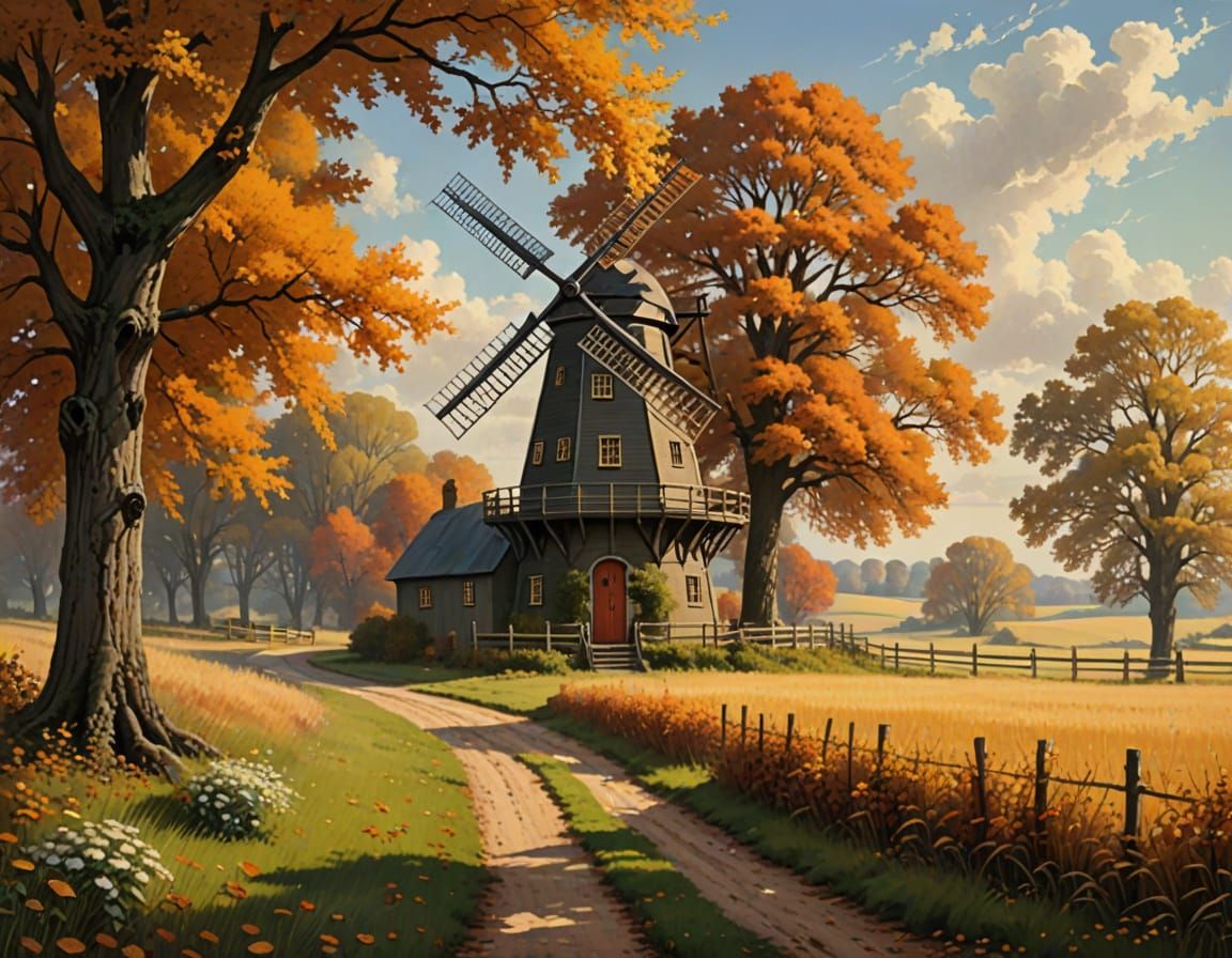 Vintage Autumn Scene by the Windmill