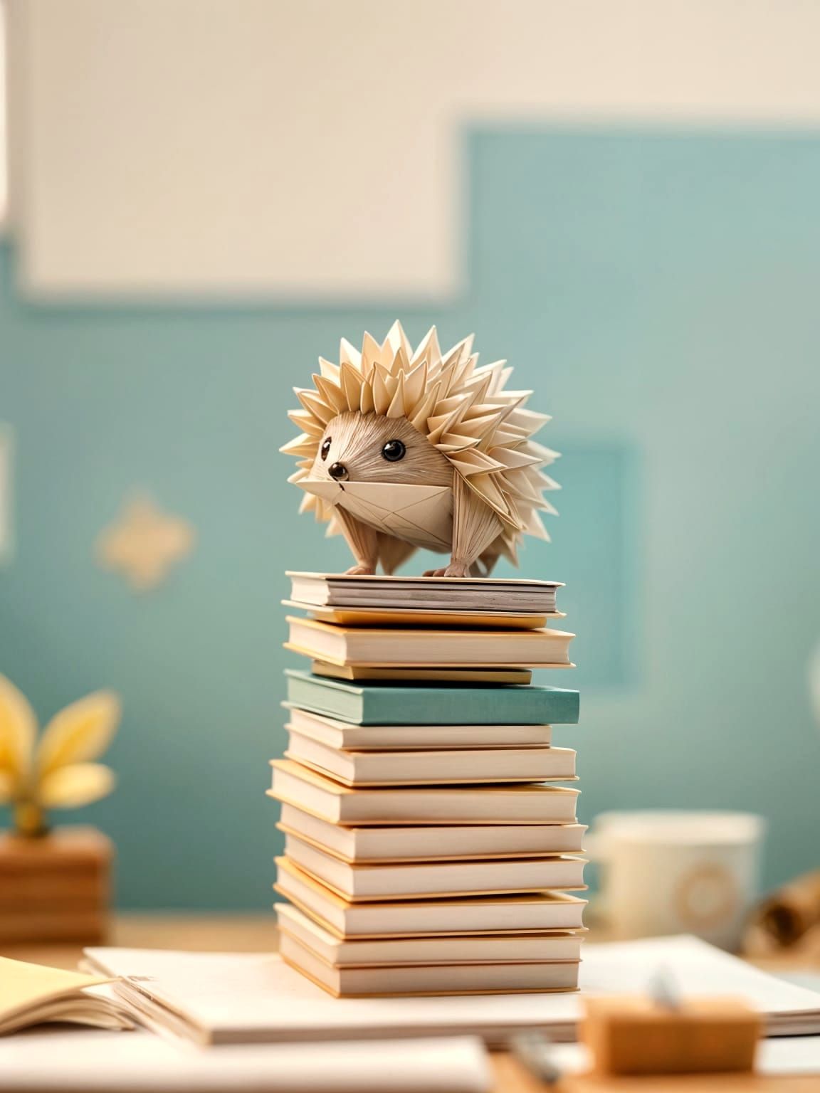 Origami Hedgehog Perched on Stationery Tower