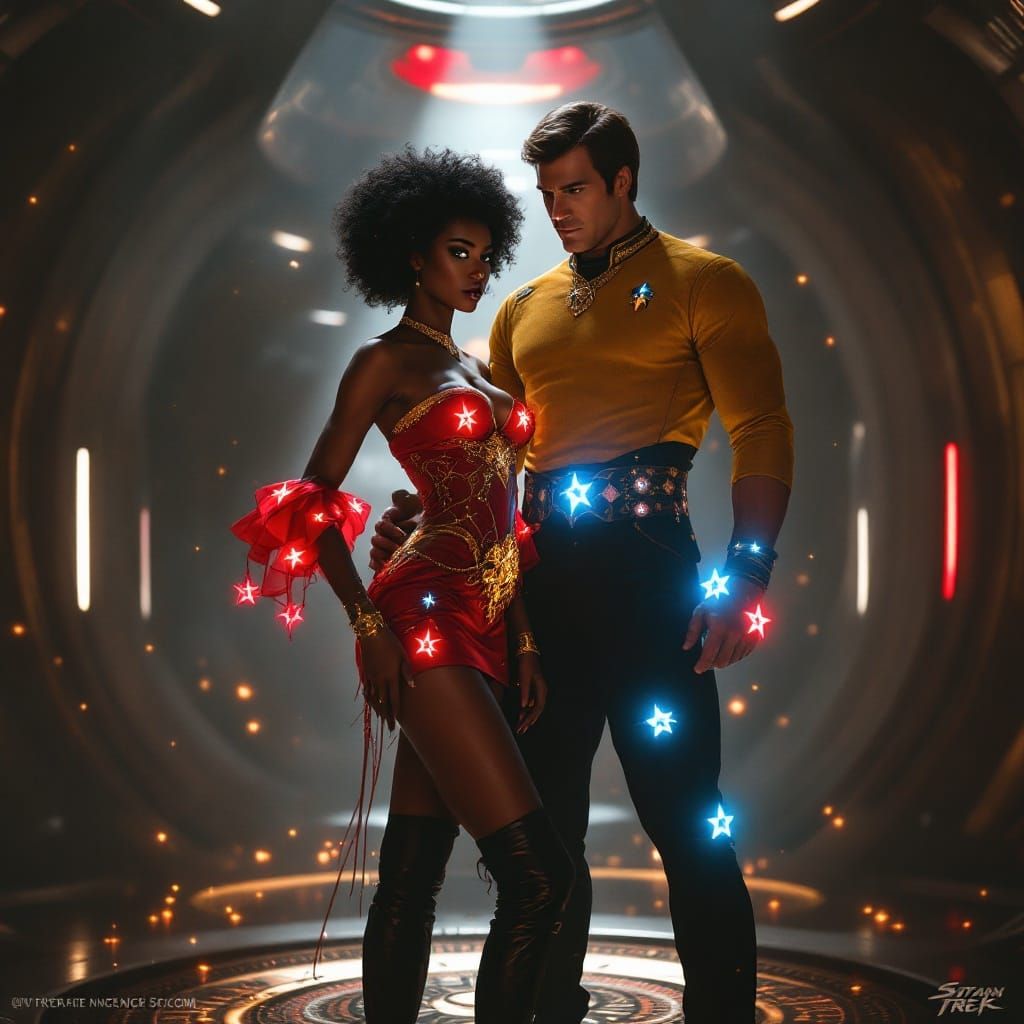 Gothic Lieutenant Uhura and Captain Kirk in Cyberpunk Fantas...