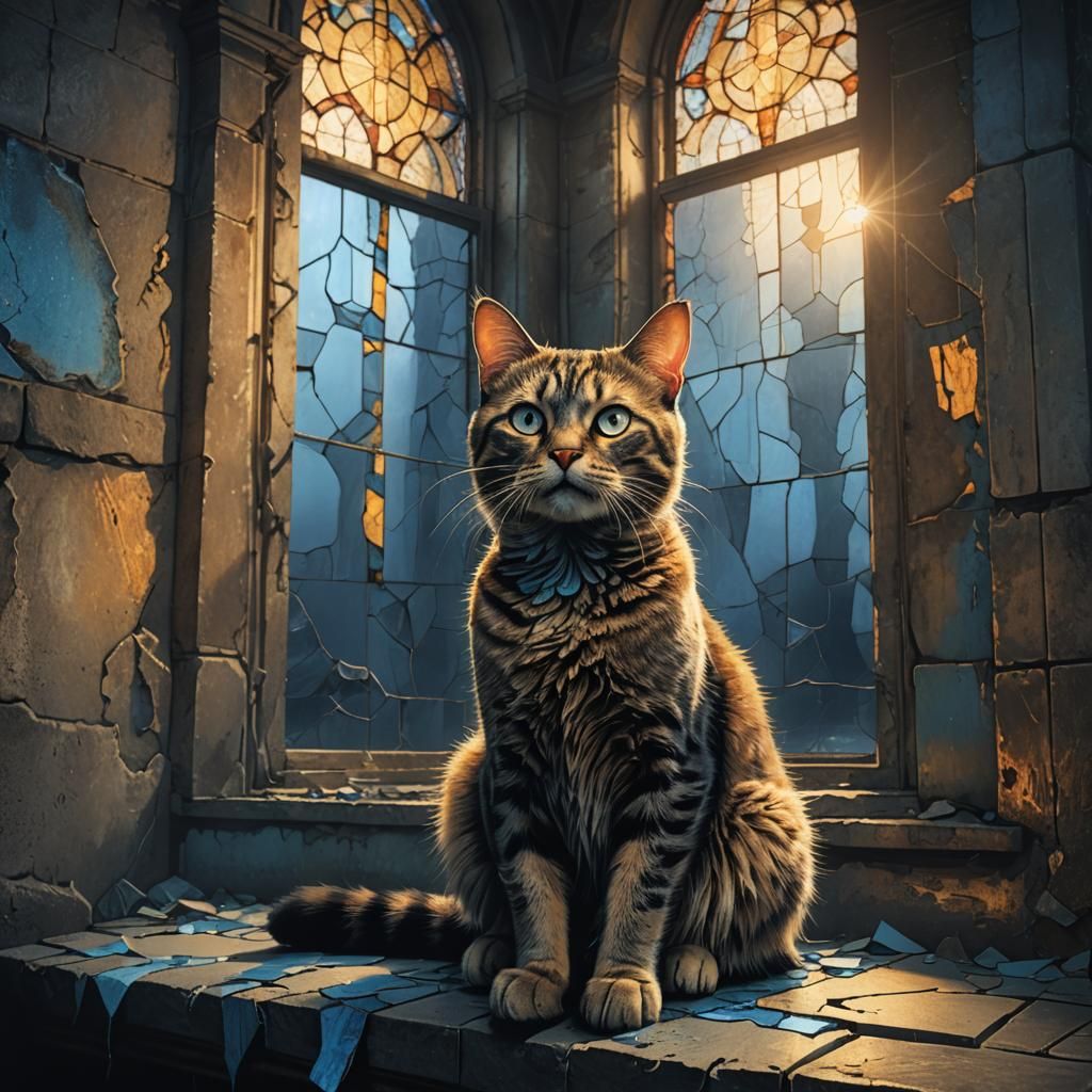 Eerie Cat in Abandoned Church, Dark Fantasy Art