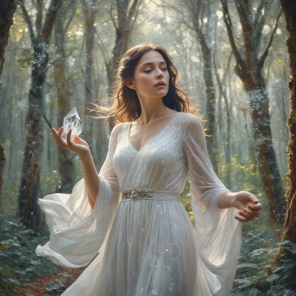 Mystical Woman with Crystal in Neo-Impressionism Style