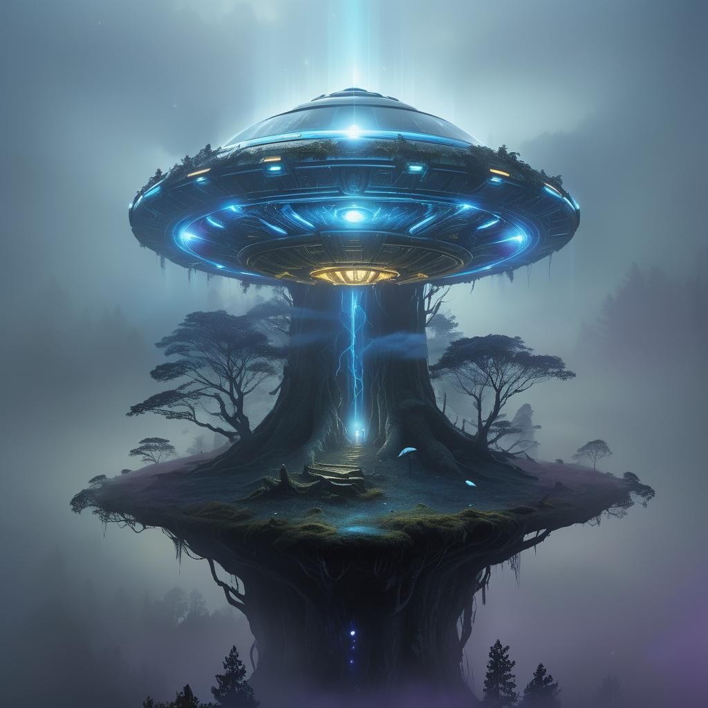 UFO Hovers Above Eerie Forest in Sci-Fi Art