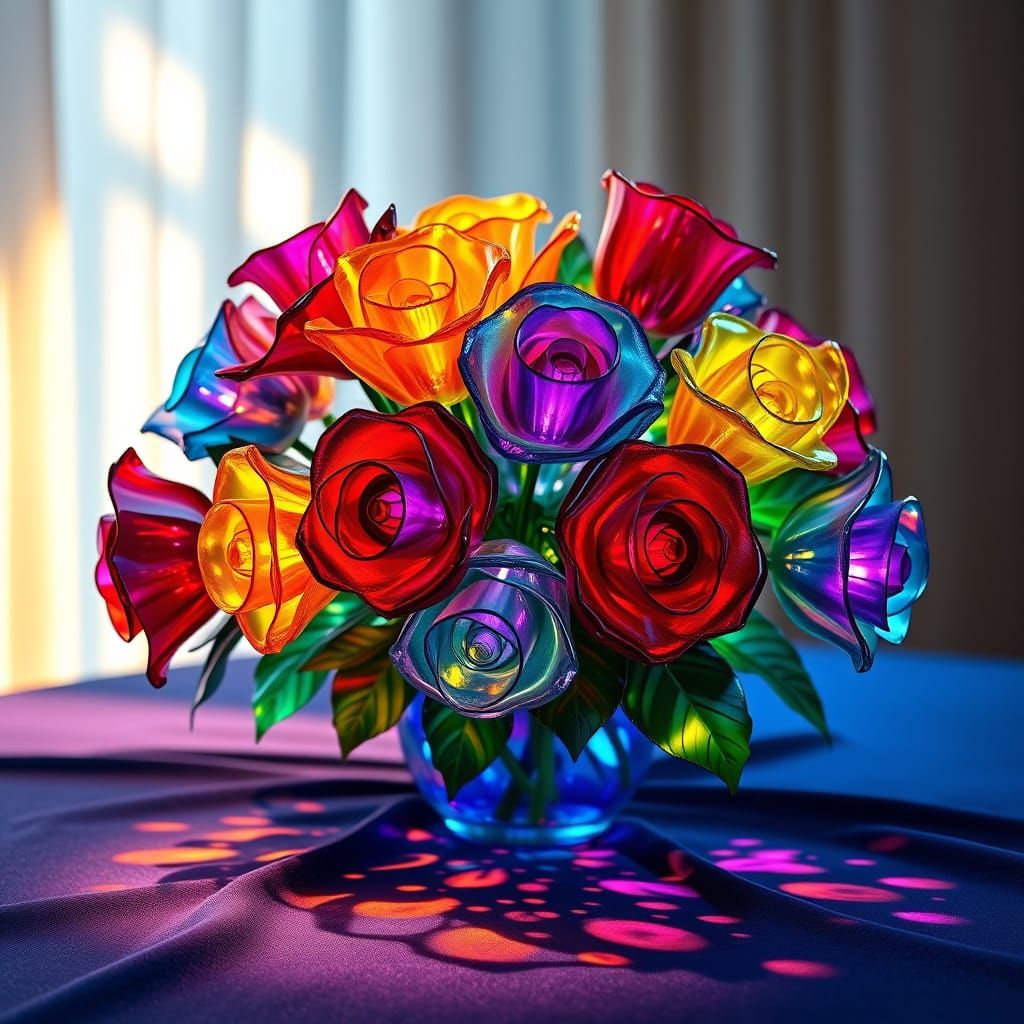 Vibrant Glass Roses on Navy Blue Tablecloth in a Rainbow Aes...