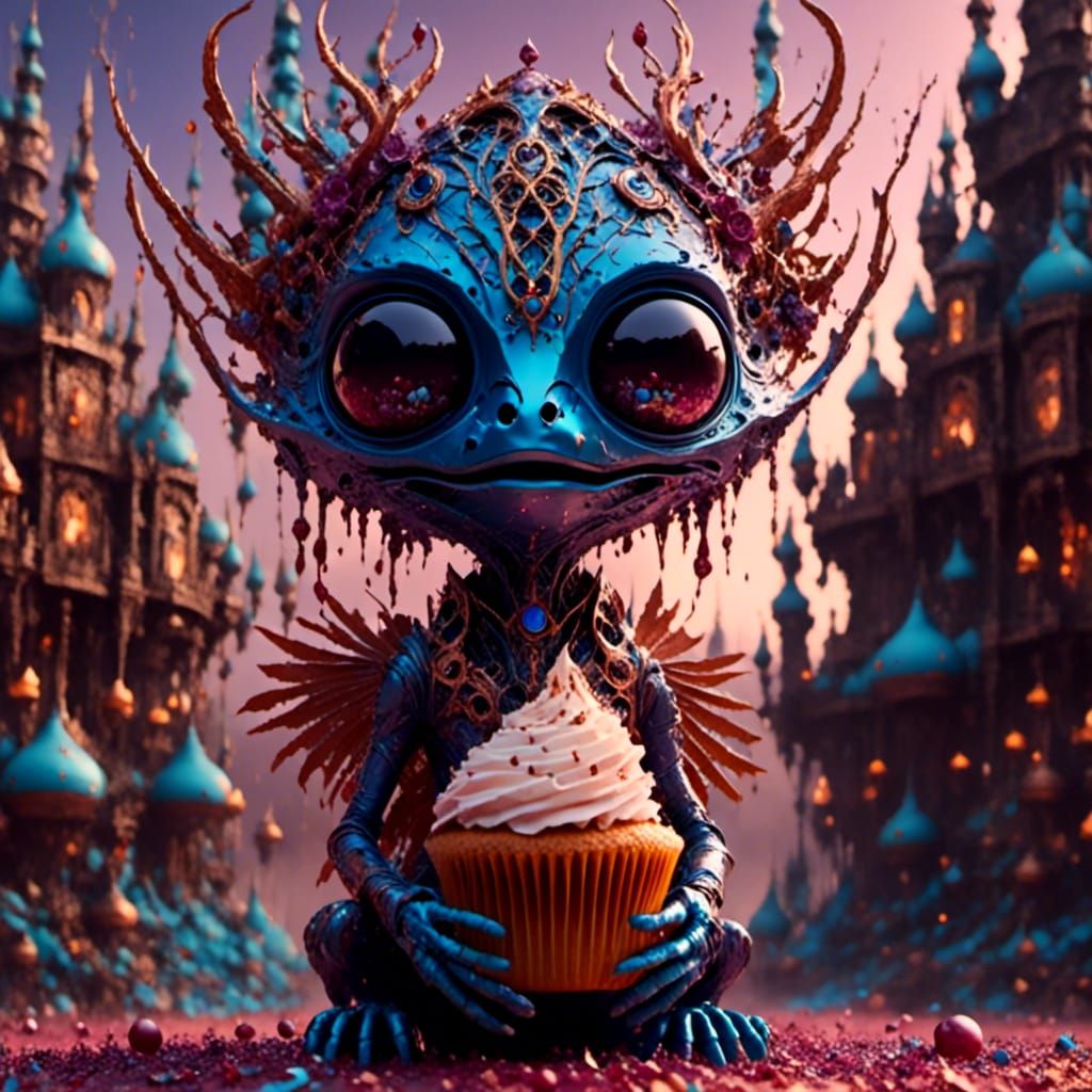 Adorable Alien Offers Cupcake in Purple Fantasy Style