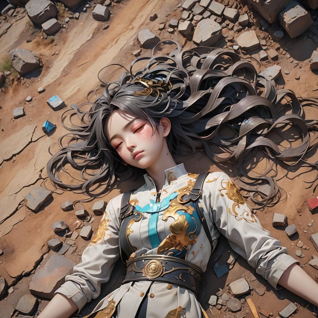 God's Descent: 3D Anime Art in Ruined Landscape