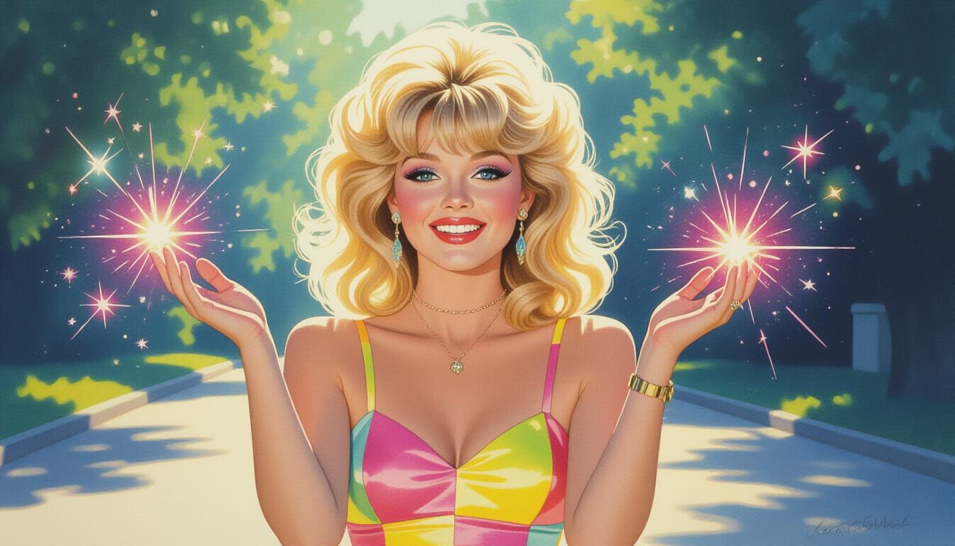 Woman Glowing with Magic Sparks in Morning Sunlight