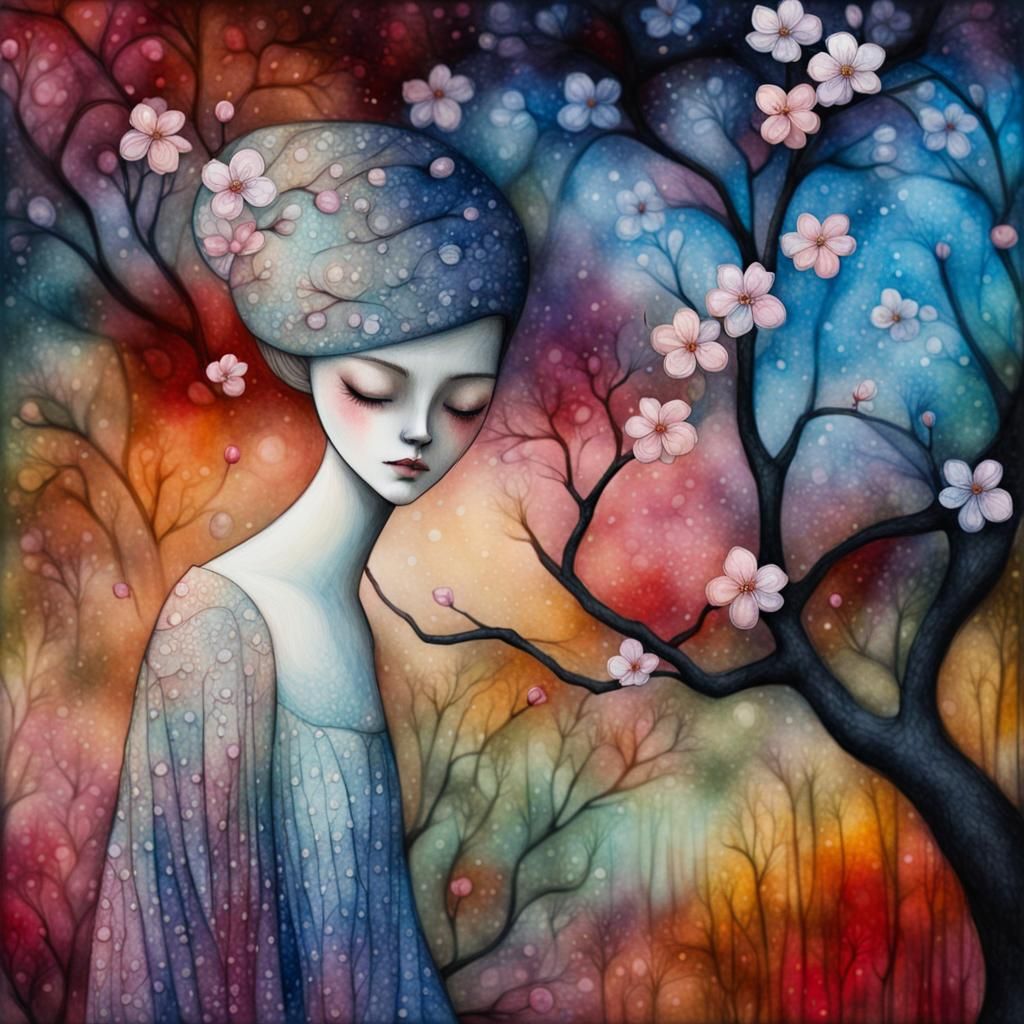 Transparent Woman with Cherry Blossoms in Art Brut Style