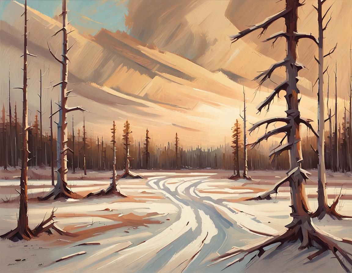Winter Swamp: An Oil-on-Cardboard Style Landscape