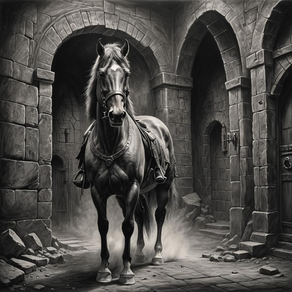 Horse at Dungeon Entrance in Charcoal