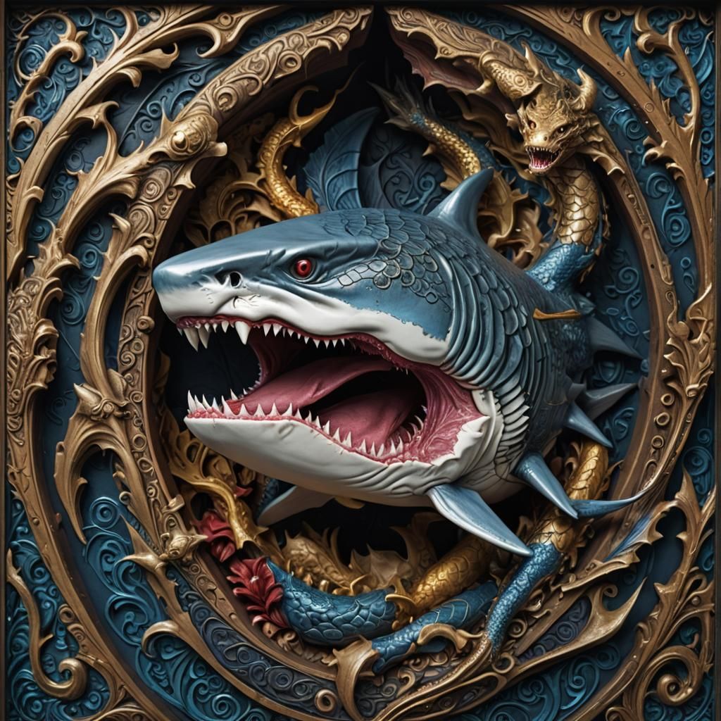 Dragon Shark Hybrid in Ornate Box: 3D Creature Art