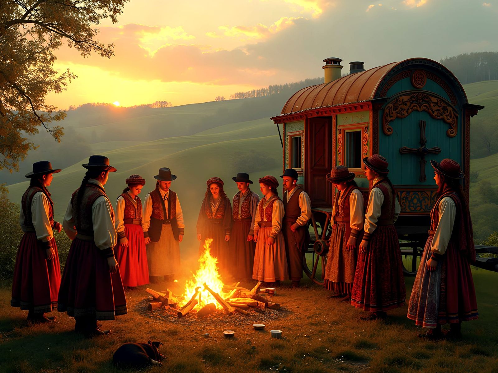 Hyperrealistic Romani Campfire Scene in Romania