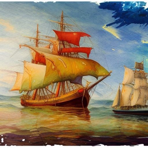 Mayflower Ship in Gouache Watercolor Style
