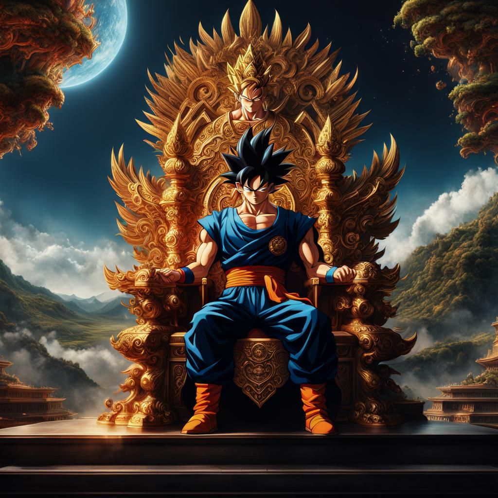 Modern Son Goku on a Throne: Digital Painting