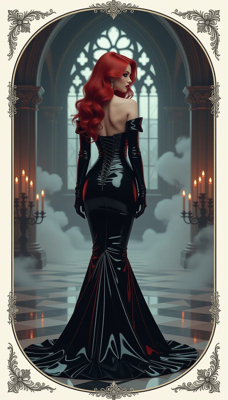 Gothic Redhead in Latex Silhouette with Art Deco Elements