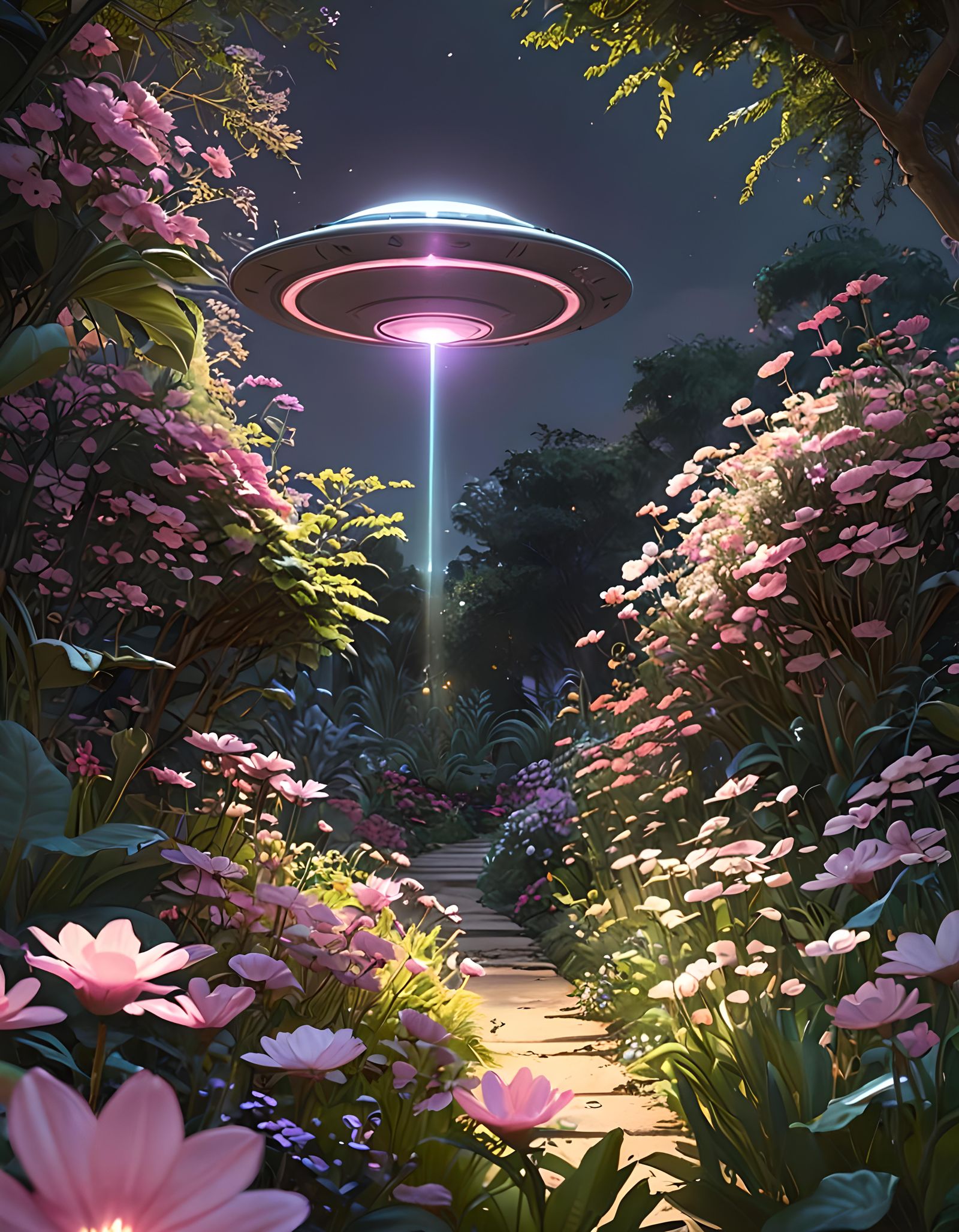 Magical Alien Garden Visitation in Digital Art Style