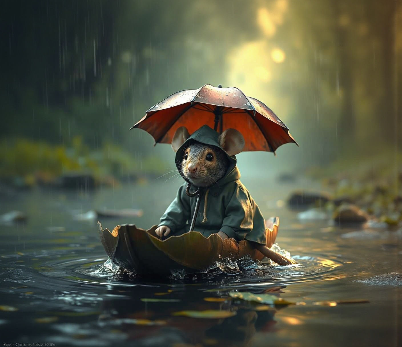 Mouse Sailing on Leaf Boat in Rainstorm