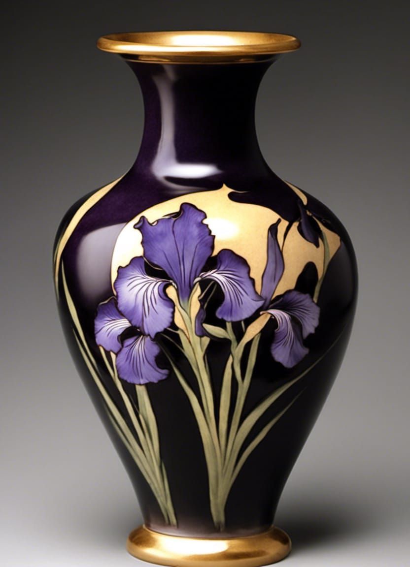 Japanese inspired Art Nouveau vase featuring a Purple Iris o...