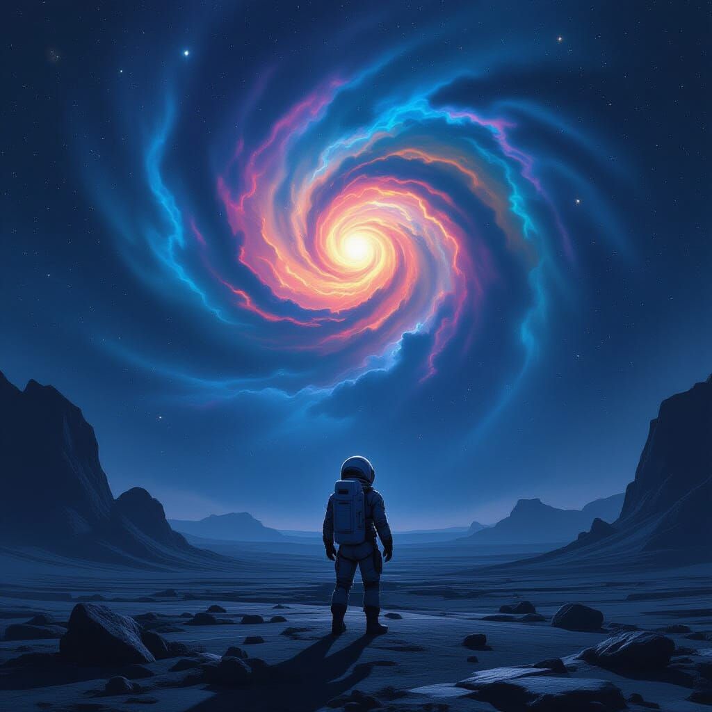 Astronaut Gazing at Nebula on Alien Planet