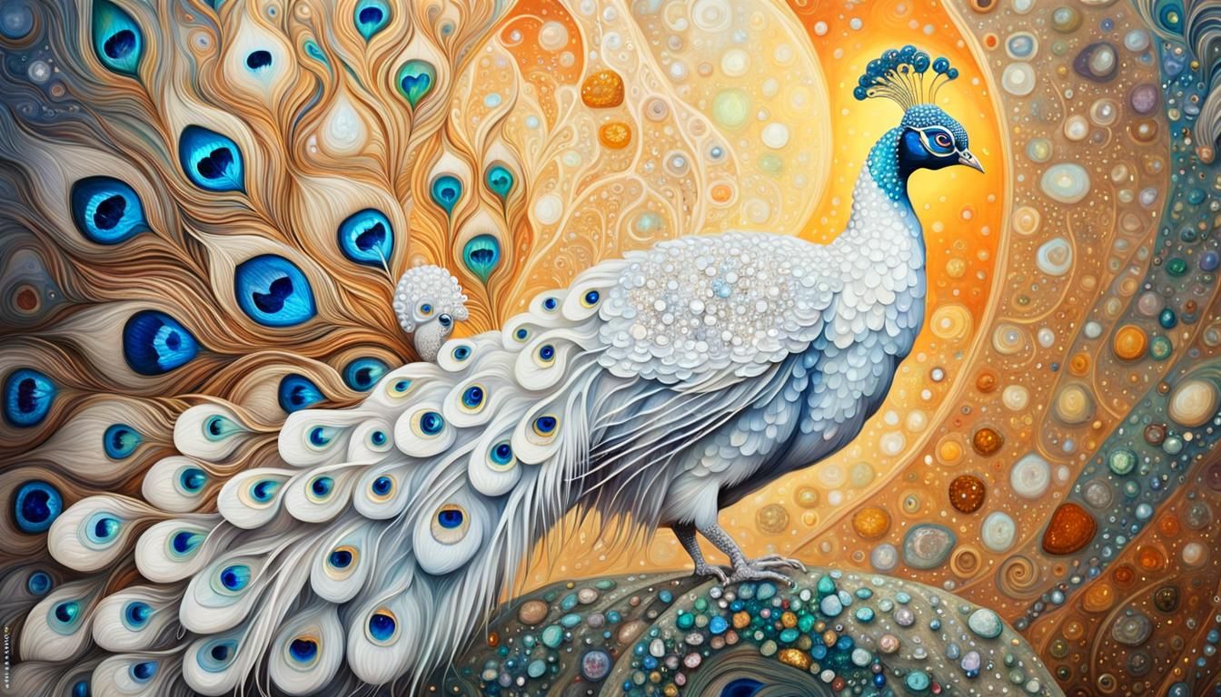 White Peacock with Diamonds in Klimt Style