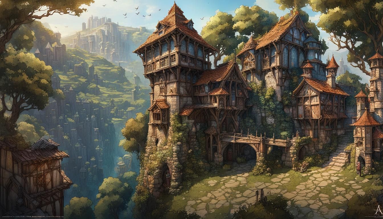 Medieval Village Tower, Detailed Digital Art