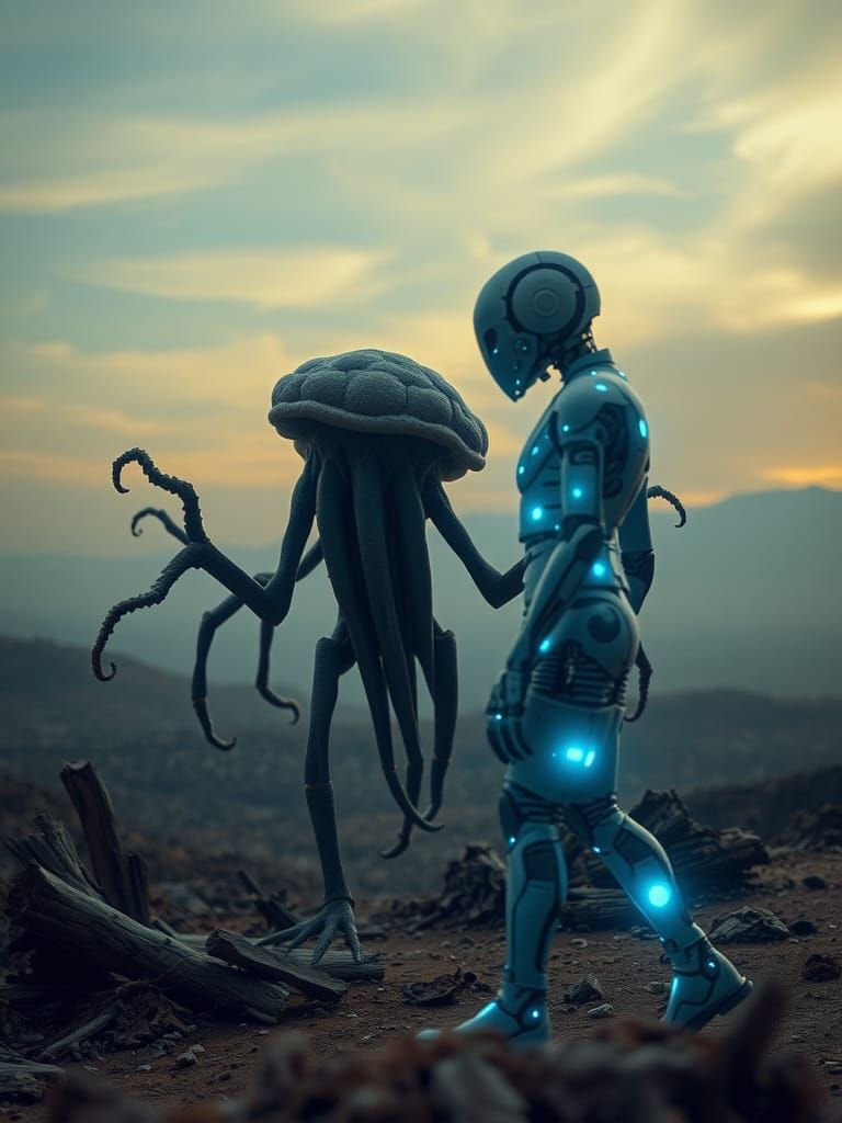 Biomorphic Entity Meets Robot in Surreal Landscape