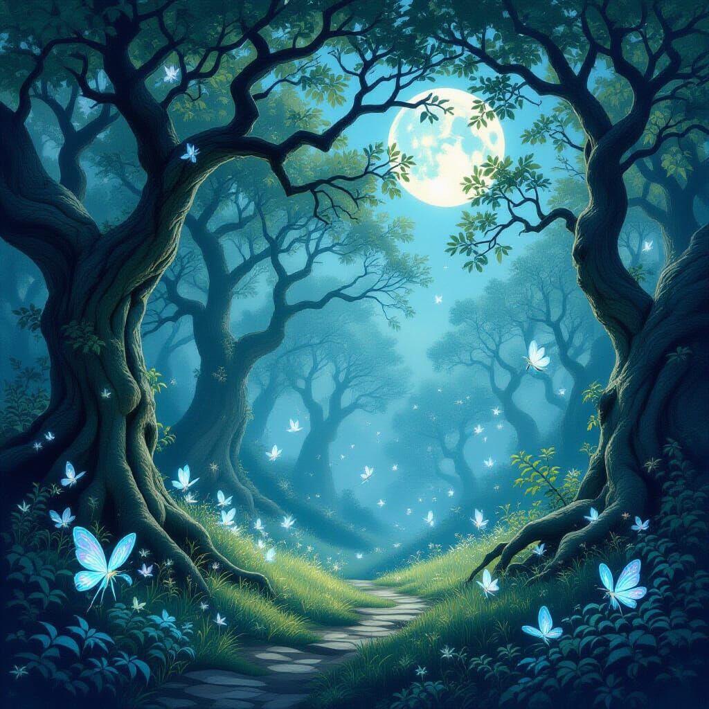 Mystical Glade with Luminous Pixies in Moonlight