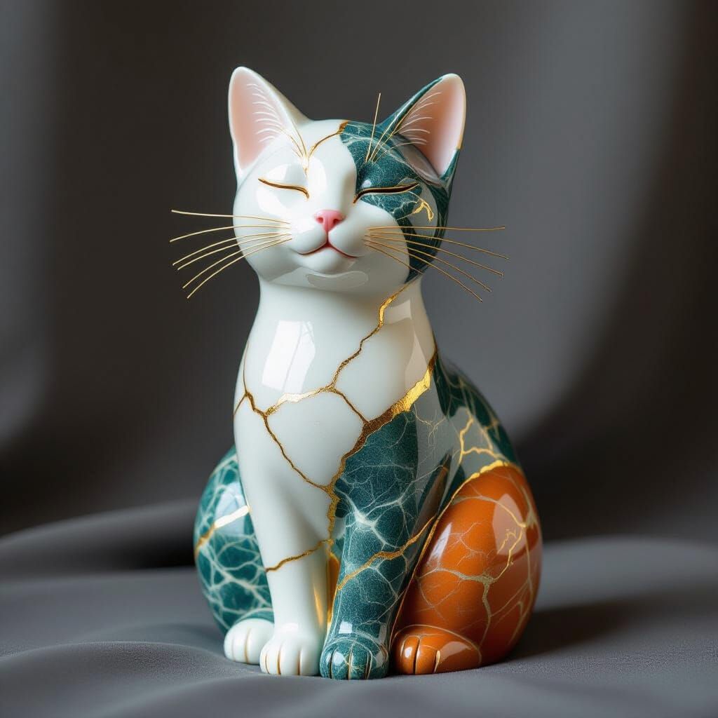 Exquisite Cat Sculpture in Stone with Gold Kintsugi