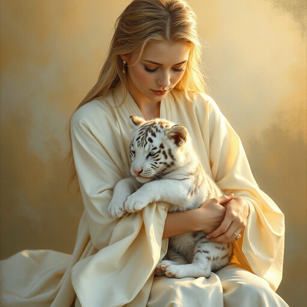 Woman and White Tiger Cub in Dreamy Light