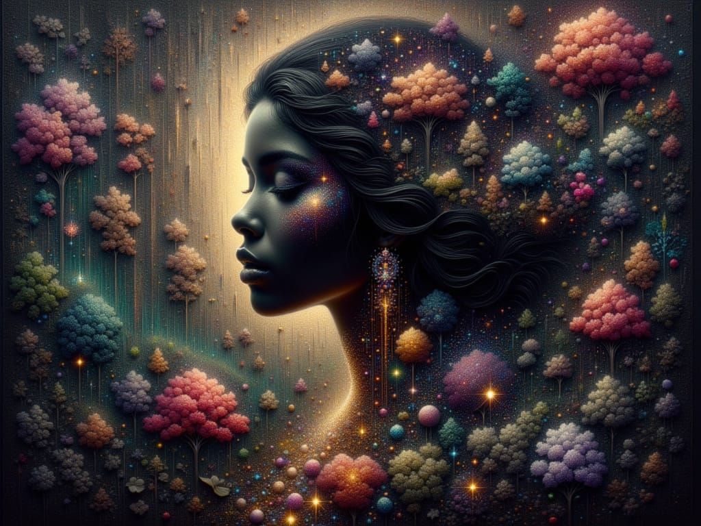Surreal Black Woman in Luminescent Smoky Forest
